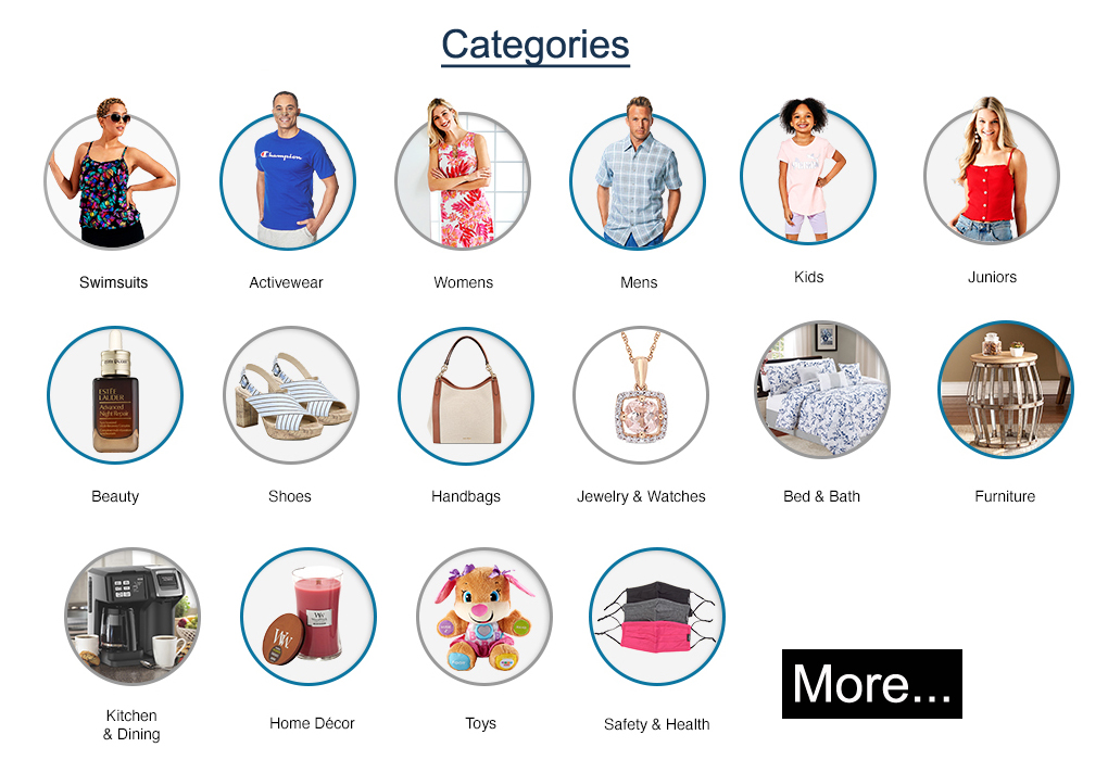Pictures for swimsuits, activewear, womens, mens, kids, juniors, beauty, shoes, handbags, jewelry & watches, bed & bath, furniture, Kitchen & Dining, Home Decor, Toys, and Safety & Health.